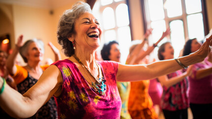 Radiant elderly lady in tie-dye top laughs and dances with friends, a picture of happiness and vitality. An active, joyful gathering of seniors, showcasing the energy and cheer of communal leisure. - obrazy, fototapety, plakaty