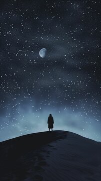 Solitary Figure Under Moonlit Starry Sky