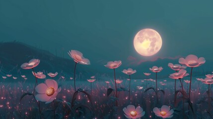 Obraz na płótnie Canvas Luminous Lotus Flowers Under the Full Moon