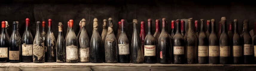 Generative AI Detailed close-up of wine bottles in a cellar, selective focus ::1 dust-covered bottles, textured labels, aged corks, varied wine varieties --v 5.2 Job ID: 9682ea5c-e75b-4060-bacc-0e14a1
