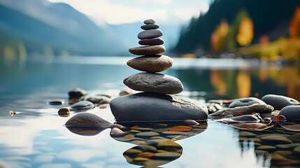 In the background, rocks are piled up layer by layer
