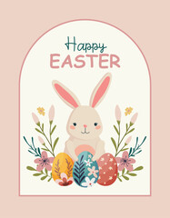 Easter card with cute hand drawn flat easter bunny