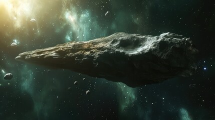 A large elongated asteroid in space. Cinematic. AI generative.