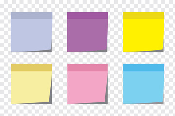 Multicolor post it notes isolated on transparent background. Colored sticky note set. Vector realistic illustration. eps file10