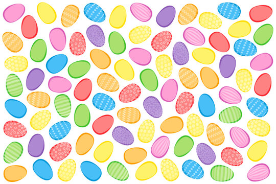 Colorful Easter eggs background. Numerous easter eggs, brightly colored and some with decorative patterns, criss-cross and randomly arranged on white background. Isolated illustration, from above.