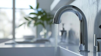 Generative AI Detailed view of a voice-activated smart faucet, motion sensor, adjustable water flow, high-tech elements, clean and modern illustration --ar 16:9 --v 6 Job ID: 51a67870-3de7-4244-be10-c