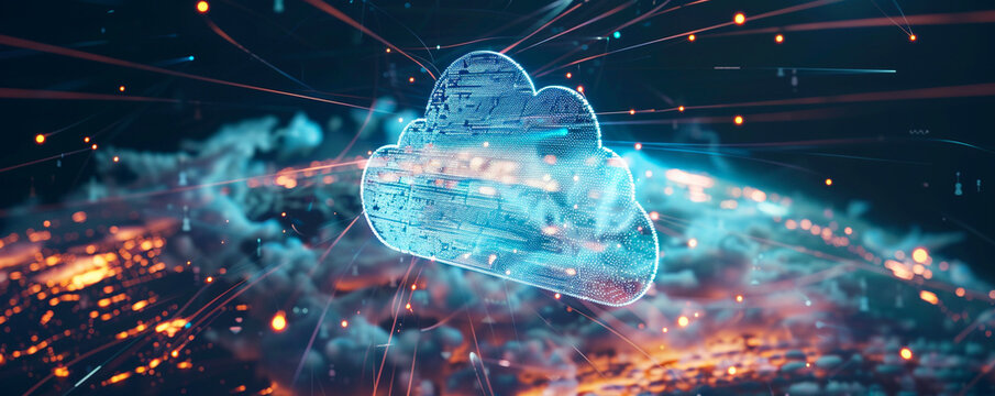 Digital Cloud Technology Concept in Cyberspace. Abstract digital cloud with glowing connections on a dynamic, fiery background representing cloud computing technology.