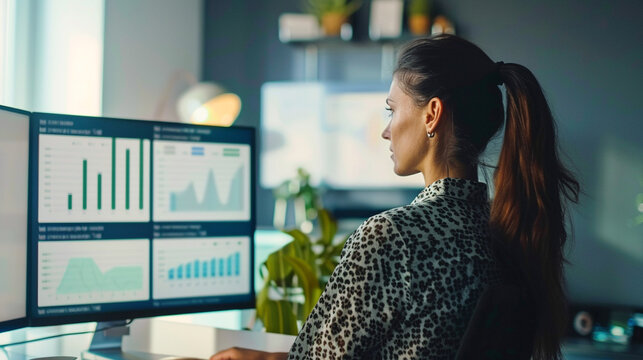 Professional Woman Analyzing Financial Data on Computer. Focused businesswoman reviewing complex financial statistics and graphs on dual computer screens in a modern office setting.