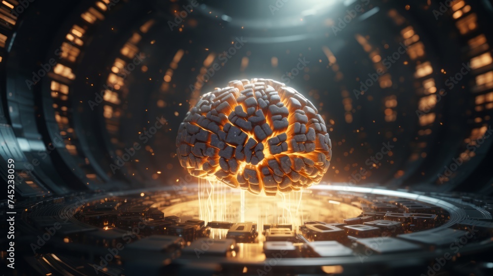 Poster generative ai digital artwork depicting an ai brain functioning within a virtual world, processing v