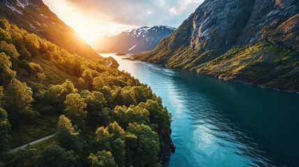 Generative AI Dramatic fjord vistas, drone's altitude, sun setting, serene coastal beauty, high-definition sunset tableau in Norwegian fjords --ar 16:9 --stylize 350 --v 6 Job ID: a3cccf83-18c7-4a48-9