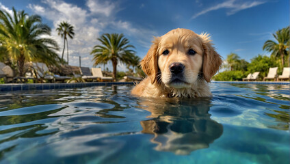 Obrazy na Plexi  Szczeniak golden retrievera cieszący się pływaniem w basenie