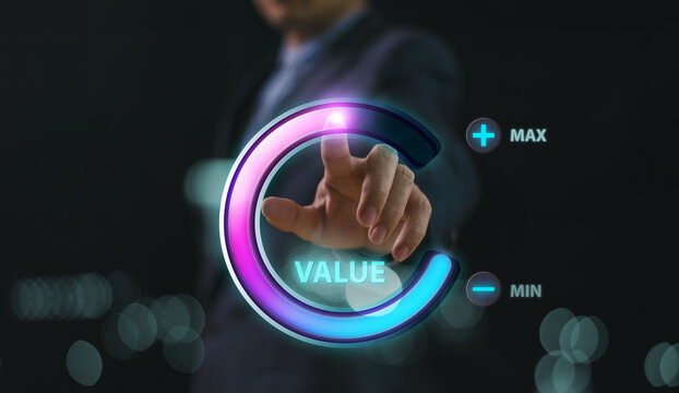 Increase value add, business growth value, company value added or business growth concept. Businessman circle bar info graphic technology background. Sale digital marketing leadership success target.