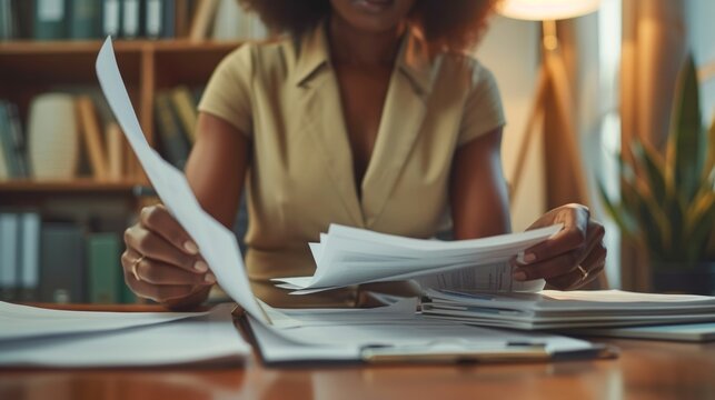 Work from Home, Business people hands working in Stacks of paper files for searching information on work desk home office, business report papers,piles of unfinished documents achieves with clips