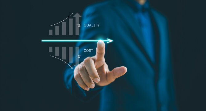 Cost efficient and quality increase control, business budget strategy, project management concept. Businessman work on computer growth graph productivity. Cost reduction effective analysis marketing