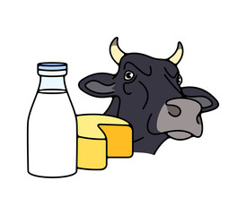 Cow, dairy farm, milk and cheese. Livestock, cattle breeding, animal and pet, food and drink, illustration