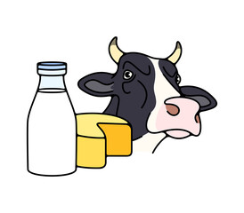 Cow, dairy farm, milk and cheese. Livestock, cattle breeding, animal and pet, food and drink, illustration