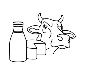 Cow, dairy farm, milk and cheese. Livestock, cattle breeding, animal and pet, food and drink, illustration
