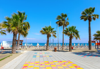 Palm trees and sunbeds on the Mackenzie beach in Larnaca Cyprus