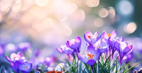 Foto op Plexiglas Bright spring crocus flowers with shiny drops of dew on light background with bokeh and highlights. Template for spring card, copy space, banner © ximich_natali