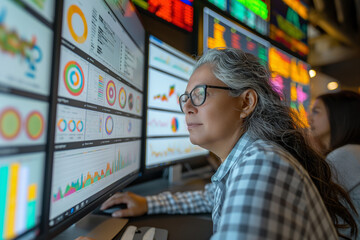 Senior female data scientist reviewing Risk Management Department reports on large digital screen in monitoring room.