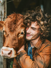 Smiling Farmer with Curly Hair Hugging a Brown Cow in a Barn
