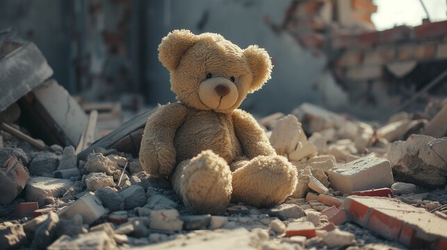 Abandoned Teddy Bear in Post-Conflict Ruins - Symbol of Lost Childhood
