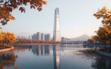 Majestic View of the Lotte World Tower Dominating the Seoul Skyline Beside the Han River - obrazy, fototapety, plakaty