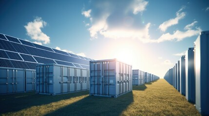 modern battery energy storage system,battery container units with solar and turbine farm - obrazy, fototapety, plakaty