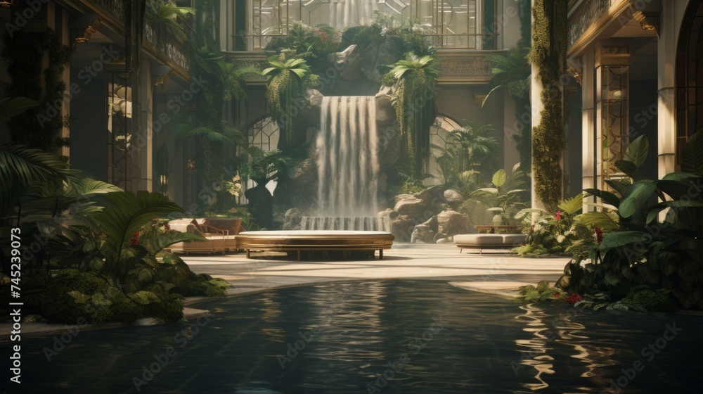 Poster generative ai elegant atrium featuring lush indoor gardens and cascading water features.