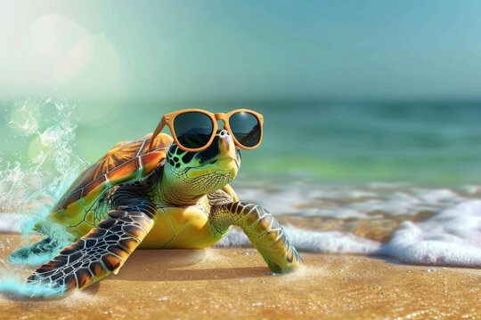 funny cartoon turtle lounging on the beach, sporting stylish sunglasses. With its playful expression and beach-ready attire, the turtle exudes charm and personality. humor and relaxation to any design