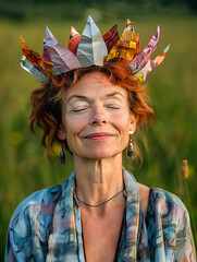 Joyful Mature Woman with Colorful Paper Crown in Sunlit Field
