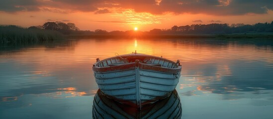 Old boat floating on the waters of the Lake at sunset