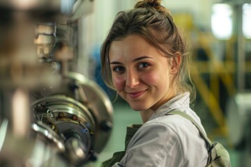 Fototapeta na wymiar Industrial Innovation: A Smiling Beautiful Woman Mechanical Engineer at Work, Ideal for Manufacturing Blogs, Engineering Profiles, and Women in STEM Features