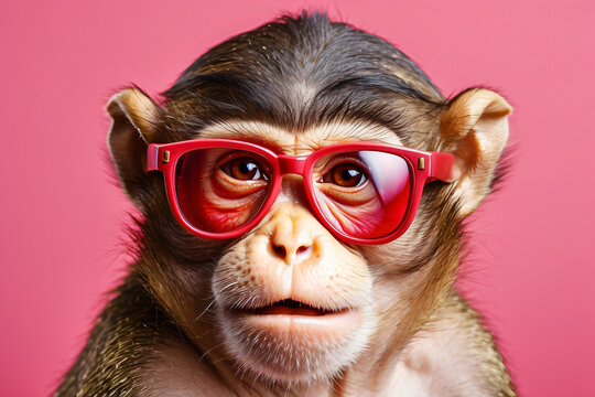 A monkey wearing red glasses is staring at the camera. The image has a playful and lighthearted mood, as the monkey is dressed in glasses and he is posing for a photo