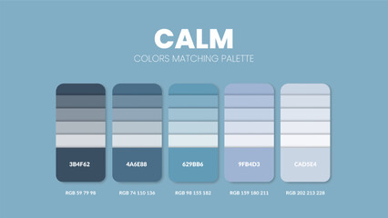 Color palette in calm colour theme collections. Color inspiration or colour chart with codes template. Color combination set of RGB. Colors swatch for graphic design, art, fashion or website. Vector.