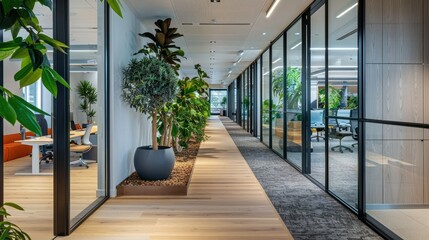 The image shows a modern office interior with a long corridor. The corridor is decorated with plants and has large windows that let in natural light. - obrazy, fototapety, plakaty