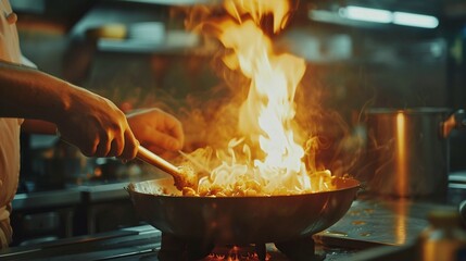 professional chef cooking with flame in a restaurant kitchen closeup