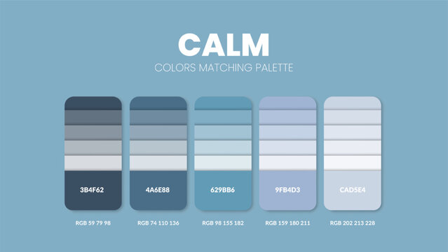 Color palette in calm colour theme collections. Color inspiration or colour chart with codes template. Color combination set of RGB. Colors swatch for graphic design, art, fashion or website. Vector.