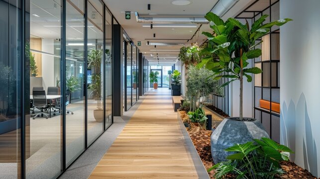 The image shows a modern office interior with a long corridor and glass walls. The corridor is decorated with plants and has a wooden floor.