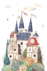 Cute fairytale city. Lovely old houses. Decor for a children room. Watercolor background. Decor for children room.