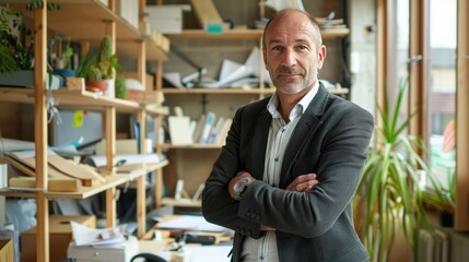 Confident middle-aged businessman standing in his office with crossed arms. Shelves with plants and documents in the background.