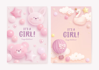 Baby shower card or invitation with cartoon bear, bunny, swan, helium balloons and flowers on pink background. It's a girl. Vector illustration