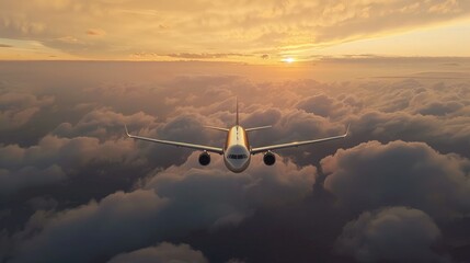 A silver airplane is flying high above the clouds at sunset. The sky is a bright orange and yellow,...