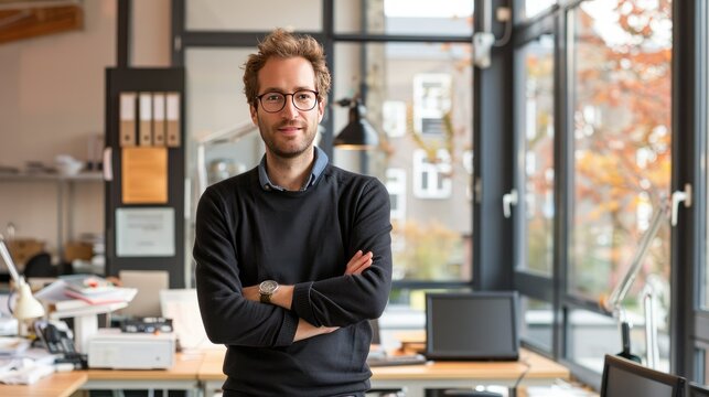 Confident young professional standing in a modern office space. He is wearing casual clothing and has a friendly smile on his face.