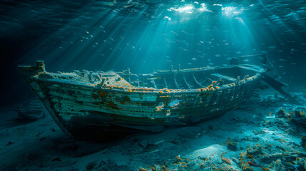 A shipwreck laying in the bottom of the sea