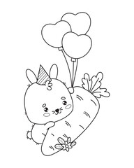 Cute rabbit birthday boy in cap with big carrot and balloons. Funny outline kawaii animal character. Vector illustration. Line drawing, coloring book. Kids collection