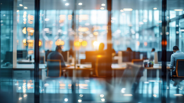 People working on computers behind a glass wall, employees work in modern open spaces and eco-friendly offices, blurred white light. Office scene.