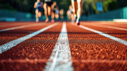 Close-up of a red running track with athletes' legs in motion, focused on the white lane lines at sunrise.