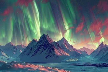 Majestic Aurora Borealis Display over Snow-Capped Mountains in Alaska