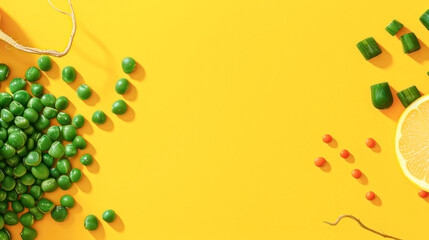 Vibrant flat lay of fresh vegetables and legumes with a yellow background, showcasing healthy ingredients.